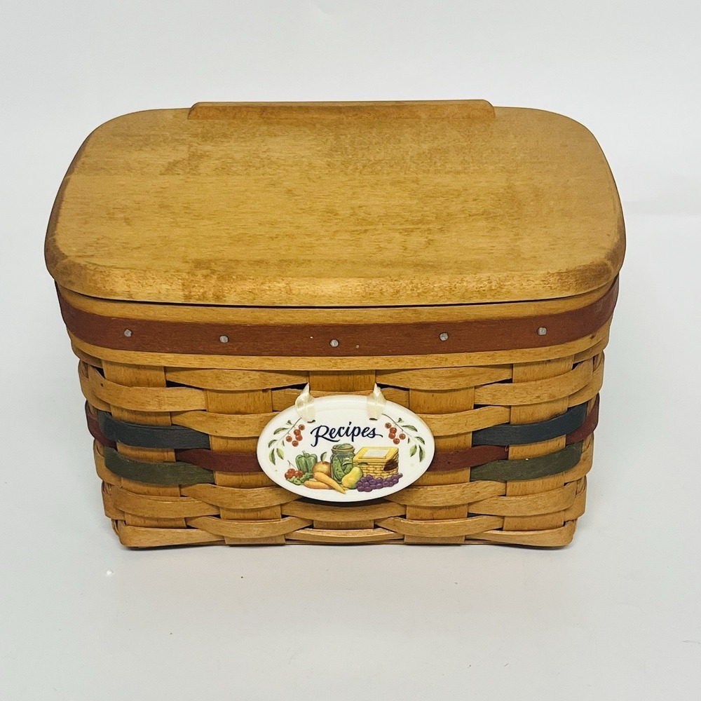 Longaberger Recipe Box w/ Lid, Protector,  Recipe Cards, Dividers, & Ceramic Tag